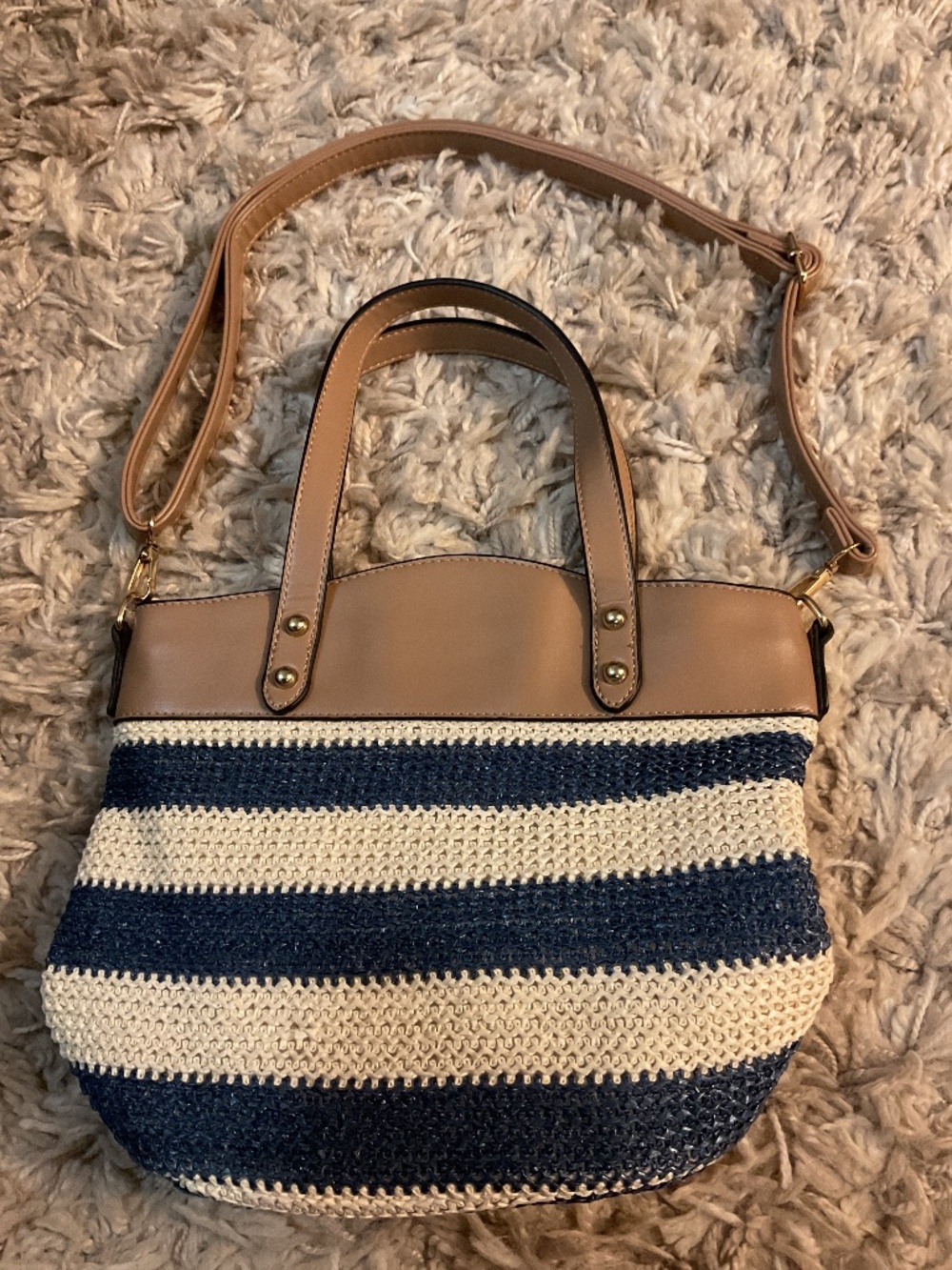NWOT  blue and cream stripe straw crossbody/shoulder bag